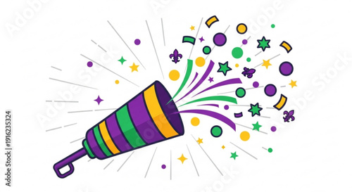 Colorful mardi gras party horn with purple green and yellow stripes exploding with festive confetti and stars on white background