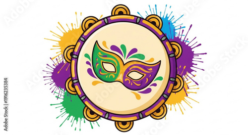 Vibrant mardi gras mask design with colorful splatters and ornate details on a festive background