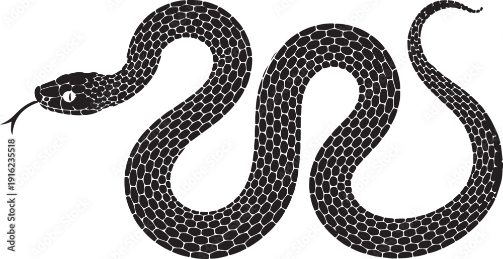 Obraz premium Vector elongated snake silhouette illustration. Black serpent isolated tattoo design.
