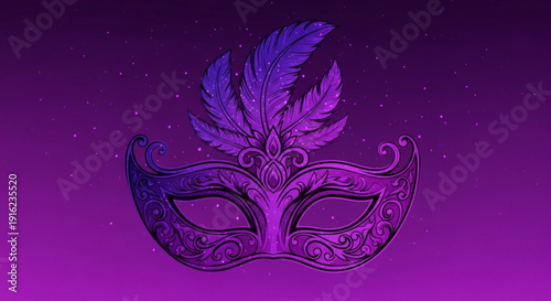 Purple masquerade ball mask with feathers on a gradient background elegant and mysterious carnival accessory