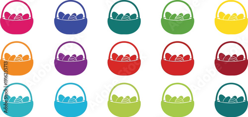 Collection of fifteen bright colorful silhouette icons representing easter baskets filled with decorated eggs arranged in three horizontal rows perfect for holiday design