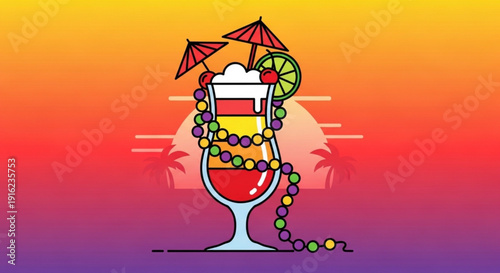 Vibrant tropical cocktail with umbrella and beads at sunset