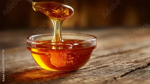 Honey being poured from a spoon into a small glass bowl on a wooden table