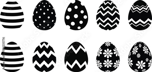 Collection of ten stylized black and white easter eggs featuring various decorative patterns like stripes dots chevrons and simple floral designs