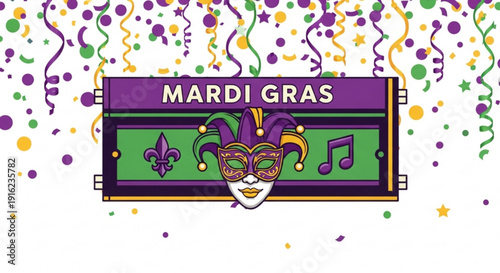 Vibrant mardi gras banner with jester mask fleur de lis and musical notes surrounded by festive purple green and gold confetti