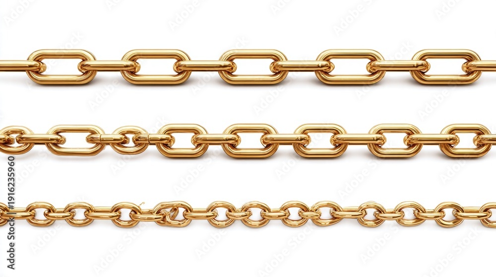 Fototapeta premium Golden chains of different styles on a white background.