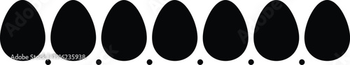 Minimalist graphic design featuring a horizontal row of seven identical black egg shapes aligned above small black dots on a clean white background.