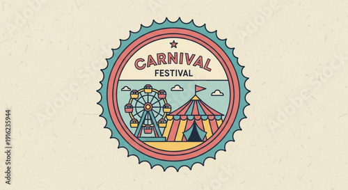 Vibrant carnival festival badge with ferris wheel and tent on cream background