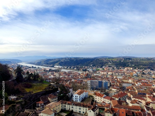 Fotografi Vienne,France -Febrary 15,2026: An aerial view of Vienne from hill of Pipet