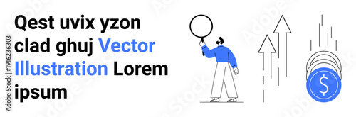 Person holding focus point beside upward arrows and stacked coins denoting growth, profit. Ideal for finance, investment, business strategy, success, entrepreneurship, analysis, simple landing page