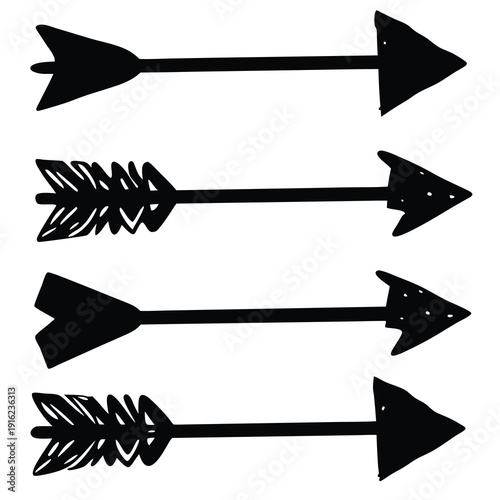 Four black arrows with feathered fletching pointing right