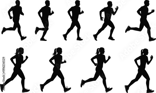Set of male and female running silhouettes in various jogging poses isolated on white background for sports and fitness design