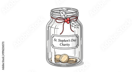 St. Stephen's Day Charity Collection Jar with Coins and Holly Decoration