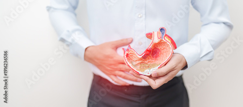 Konstfotografi Man having abdomen pain or Stomachache with Gastric anatomy model