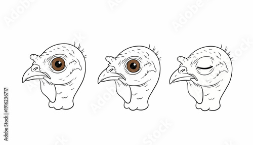 Three cartoon turkey heads showing different emotions: alert, curious, and sleepy