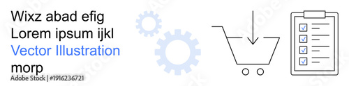 Online shopping, productivity tools, business management, task planning, inventory tracking, digital solutions. Shopping cart icon, checklist and gears planning and processes. E-commerce