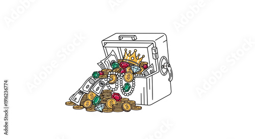 Treasure Chest Overflowing with Gold Coins, Jewels, and Money - Wealth Concept
