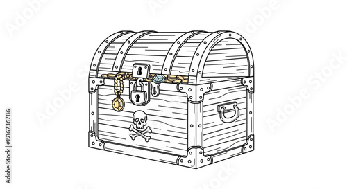 Treasure Chest with Gold Coins and Jewels, Pirate Symbol, Locked, Vintage Style
