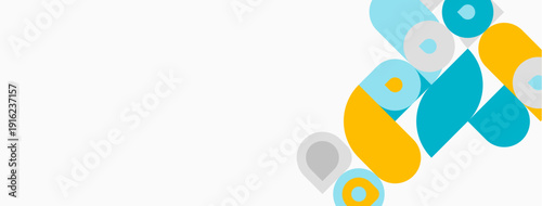 Abstract shapes, circles, squares overlap. Light blue, yellow, gray hues dominate white background. Minimalist design, modern aesthetic.