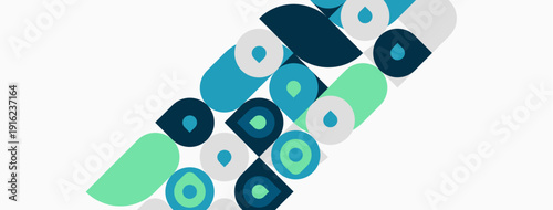 Abstract pattern features rounded shapes, teal, mint colors. Minimalist design, clean lines, simple composition. Modern aesthetic.