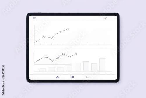A tablet displays graphs showing data trends in a workspace. The setting focuses on the technology in use for analysis