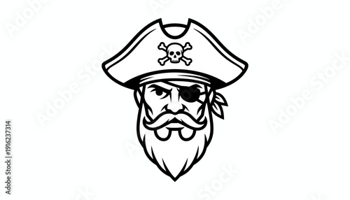 Pirate Head Icon, Black and White, Skull and Crossbones Hat, Eye Patch, Moustache, Beard