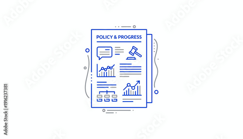 Policy and Progress Document with Charts, Graphs, and Gavel Icon