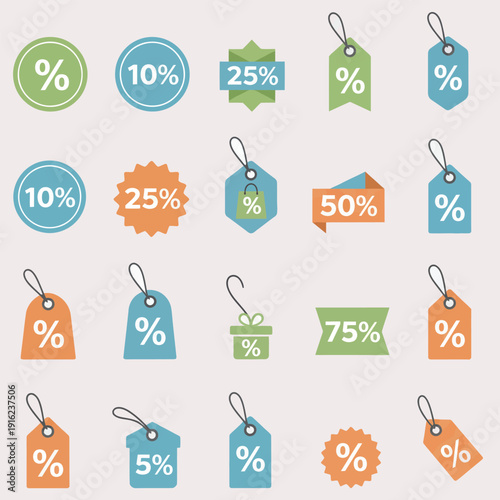 Collection of various discount tags and price labels featuring percentage symbols and discount amounts isolated on light purple background. 