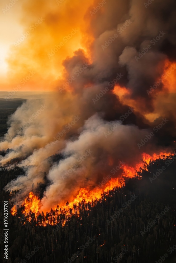 Fototapeta premium Large forest fire sends thick black smoke into orange sky during daytime in a remote area