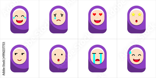 Set of vector Muslim girls wearing hijab with various expressions