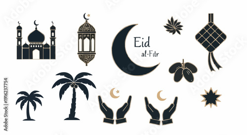 Elegant vector collection of Islamic symbols and elements, featuring mosques, crescent moons, and lanterns, perfect for Eid al-Fitr, Ramadan, and festive Muslim holiday designs