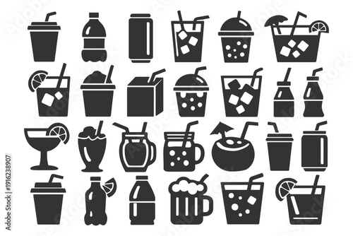 Variety of beverage icons including soda, juice, coffee, and cocktails in black silhouettes.