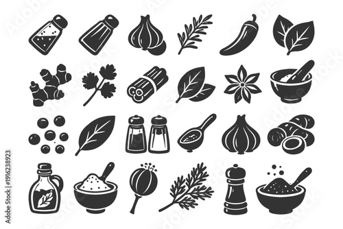 Collection of herb and spice icons including herbs, peppers, and seasoning utensils.