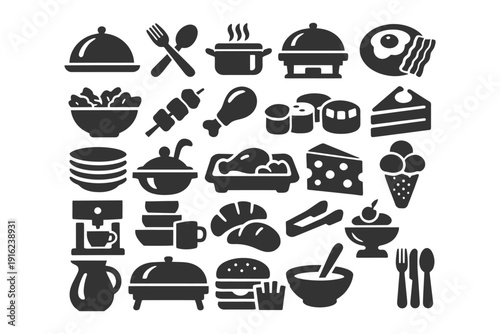 Set of black food icons: meals, desserts, and beverages assortment.