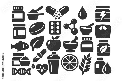 Nutrition and health icon set featuring supplements, food, and wellness elements.