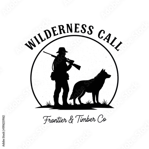Hunter and Dog Silhouette in Wilderness Call Frontier  Timber Co. Logo.