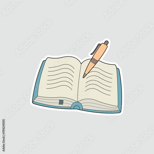 Open journal sticker with a ballpoint pen. Best for productivity apps, office supplies catalogs, daily task lists, or student study materials