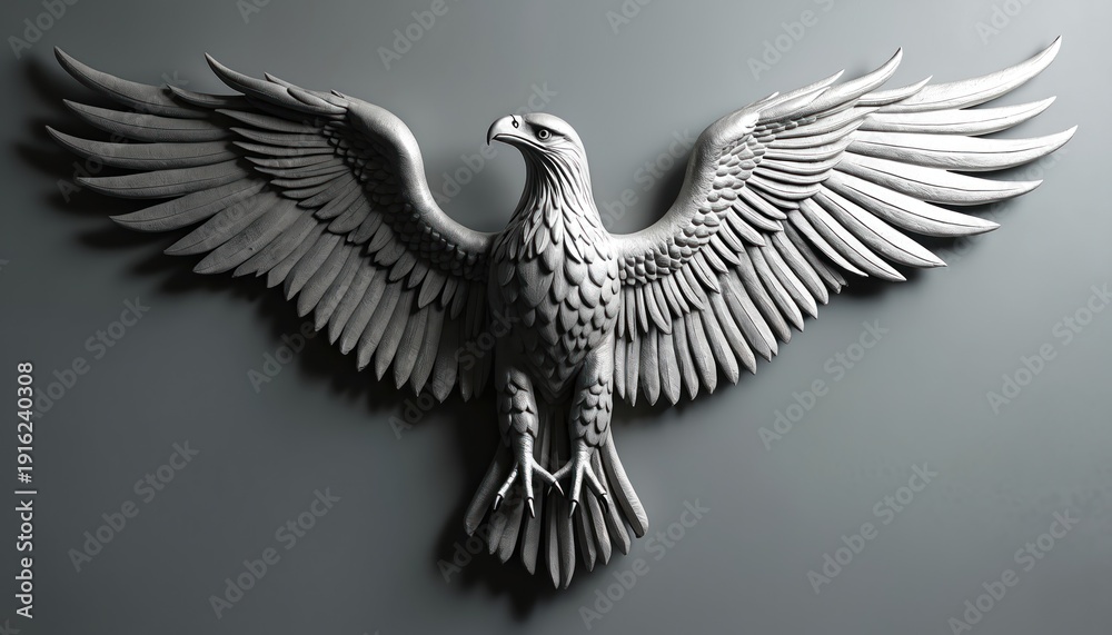 Fototapeta premium Silver eagle sculpture with spread wings mounted on a grey wall. This artwork represents freedom, strength, and power. Ideal for home decor.