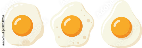 Collection of three stylized sunny side up fried eggs depicted in a flat vector illustration perfect for breakfast menus and food concepts.