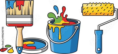 Colorful illustration depicting essential painting tools including a paint brush, a splashing bucket of paint, and a roller ready for home improvement projects.