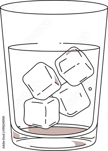 Simple line art illustration of a clear drinking glass containing water and four solid ice cubes floating gently inside against a white background