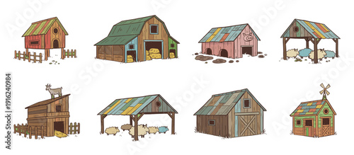 A collection of various cartoon-style farm buildings and animal shelters, including barns, coops, and sheds, with some featuring animals like sheep and a goat.