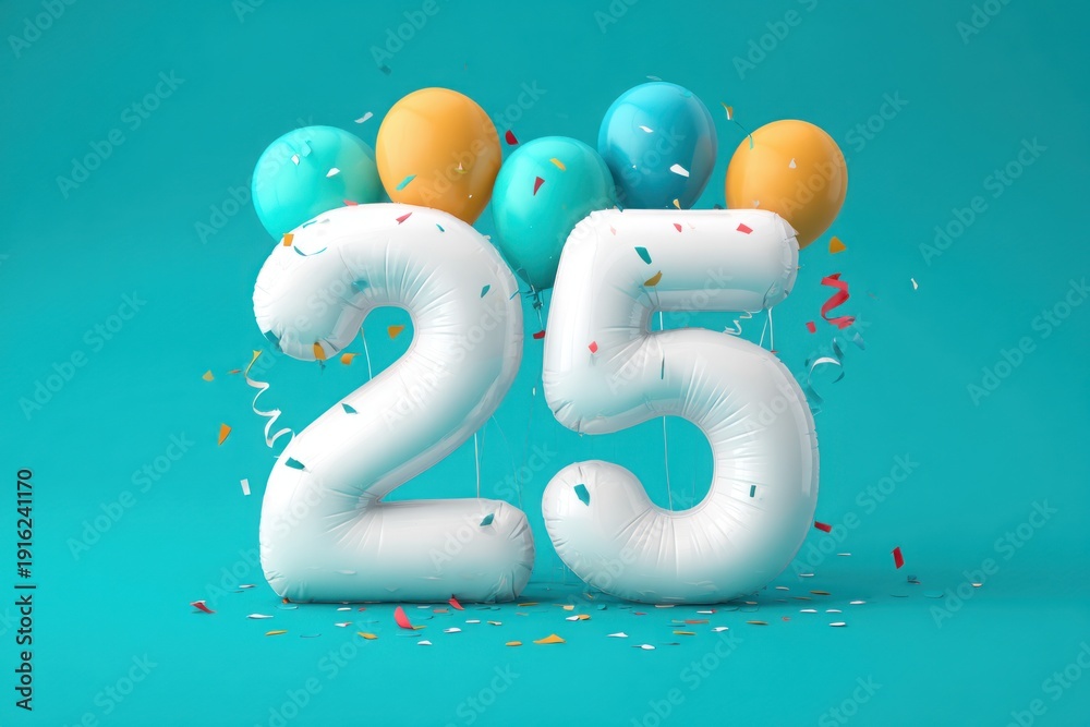 Fototapeta premium Colorful balloons and large white number 25 on turquoise background for birthday celebration