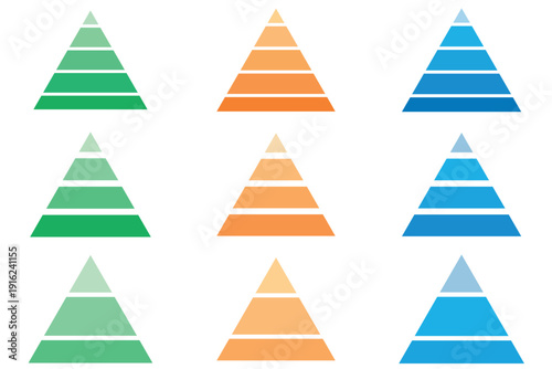 Three Level Pyramid, Illustration set of 3-tier, 4-tier, and 5-tier pyramids,Colourful pyramid info graphic templates collection. Pyramid charts with 3, 4, 5,levels. Triangle pyramid icon.