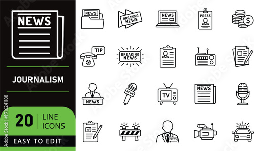 Journalism and News Line Icons Set with Media Reporting and Press Symbols