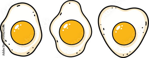Three different shaped cartoon style sunny side up fried eggs with bright yellow yolks and glossy white edges displayed horizontally on white.