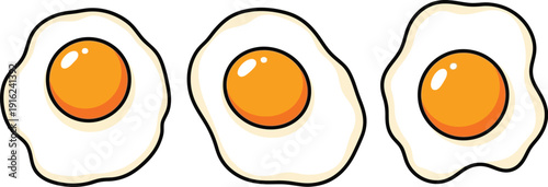 Three adorable cartoon style sunny side up fried eggs perfectly presented horizontally in a bright simple illustration ready for breakfast themes.
