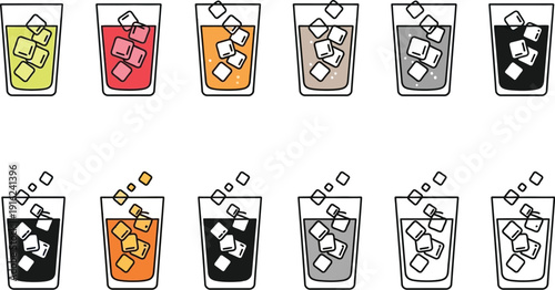 Collection of twelve colorful assorted chilled beverages served in clear glasses with ice cubes illustrating various flavors and refreshment options