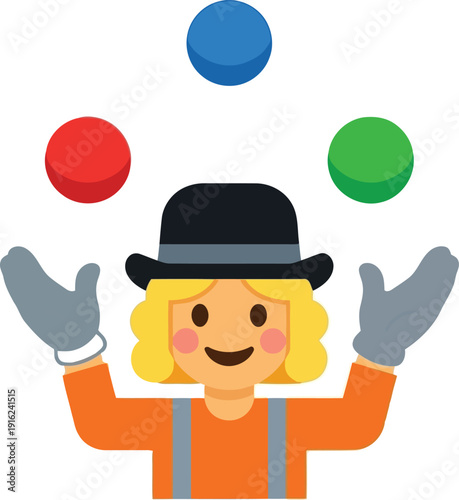 Cartoon clown juggling colorful balls with hat and gloves, playful circus vector illustration