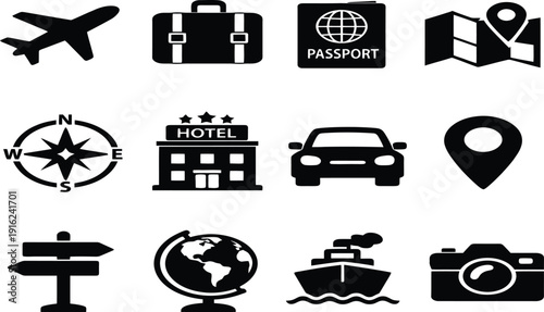 Travel and tourism solid icon set for vacation and transport. Collection of symbols including airplane, suitcase, passport, map, compass, hotel, car, and camera isolated on white background.